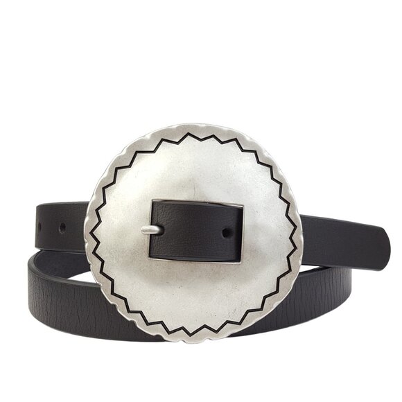 Big Silver Coin Buckle in skinny genuine leather belt - Picture 1 of 3